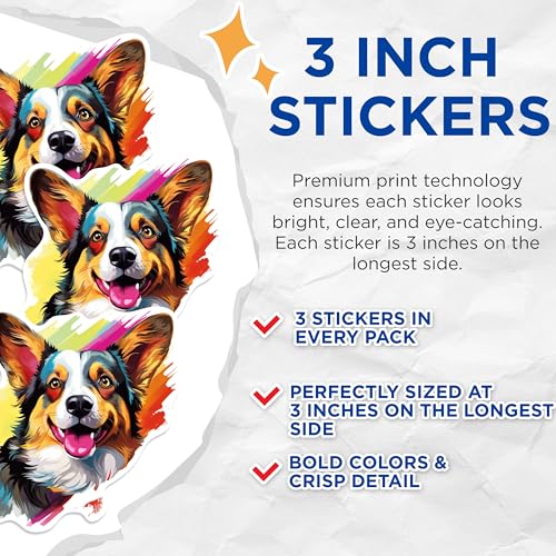 (3 Pack) Corgi Dog Decals - Colorful Puppy Stickers - Laptop Decals - 3 Inches On Longest Side - Easy Peel & Apply - Made in USA - 3MCS0688