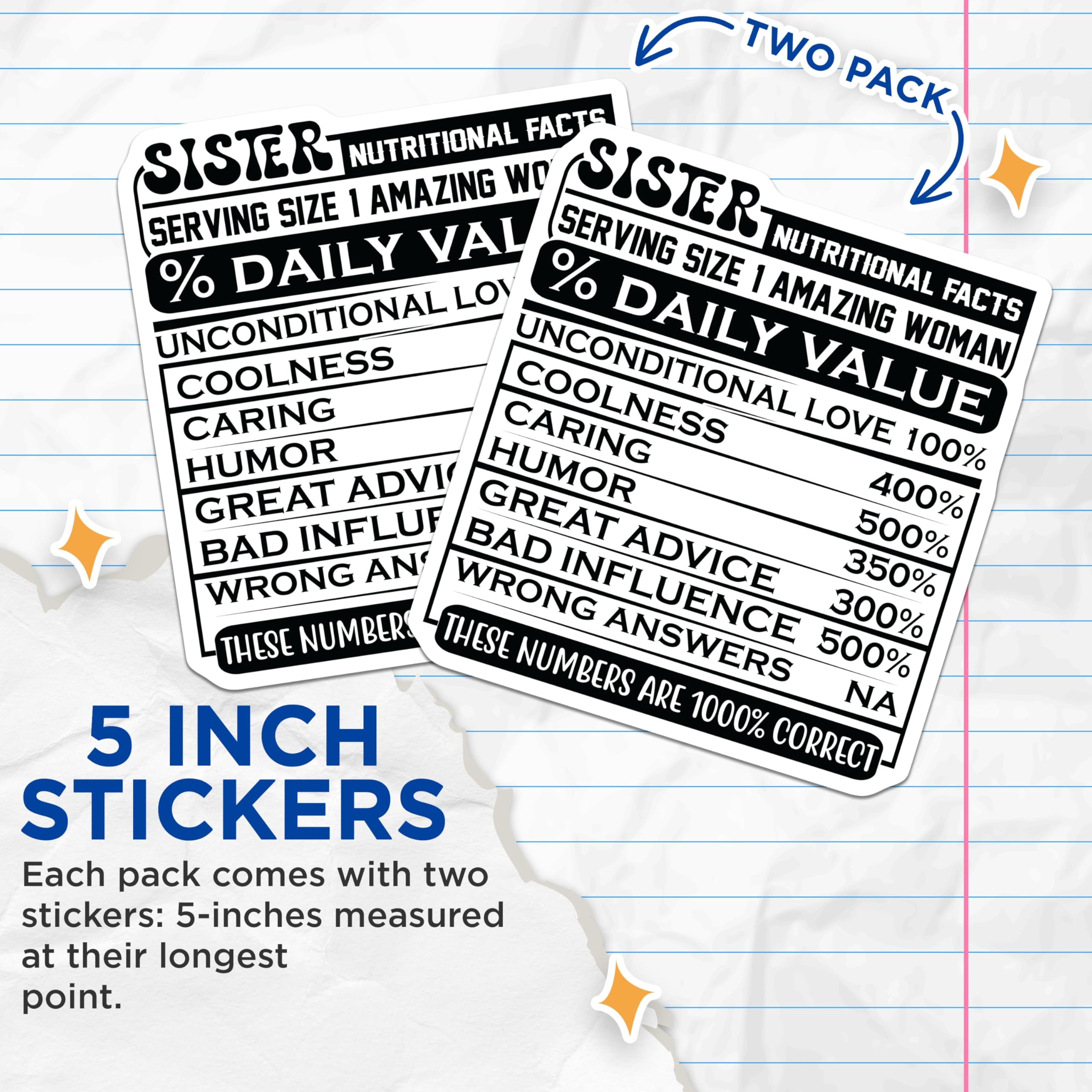 (2 Pack) Sister Nutritional Facts Stickers - Amazing Woman - Funny Sister Stickers- 5" On Longest Side - Sticks to Smooth Flat Surfaces - Made in USA - BMCS16425