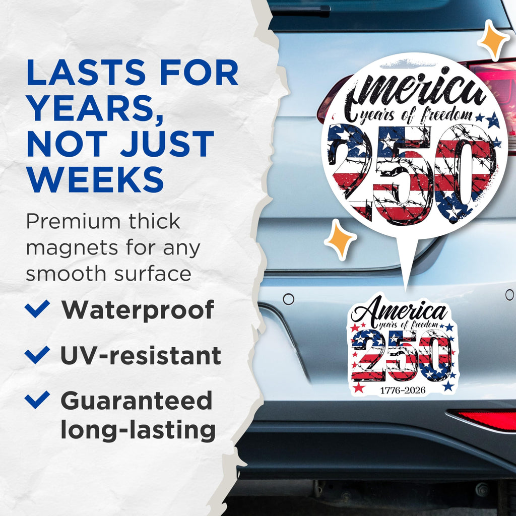 (2 Pack) America 250 Years Freedom Magnets - USA Independence Day Decor - Patriotic Souvenir 1776-2026 - 5 Inches On Longest Side - Thick Durable Magnet - Made in USA - MAG28046