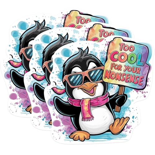 (3 Pack) Cool Penguin Decals - Funny Penguin Sticker - Laptop Decal - Too Cool Nonsense - 3 Inches On Longest Side - Easy Peel & Apply - Made in USA - 3MCS0924