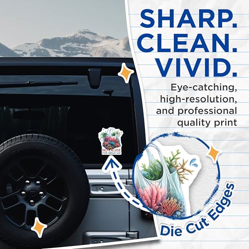 (2 Pack) No Excuse for Single-Use Stickers - Environmental Art - Coral Reef Design - 5" On Longest Side - Sticks to Smooth Flat Surfaces - Made in USA - BMCS7951