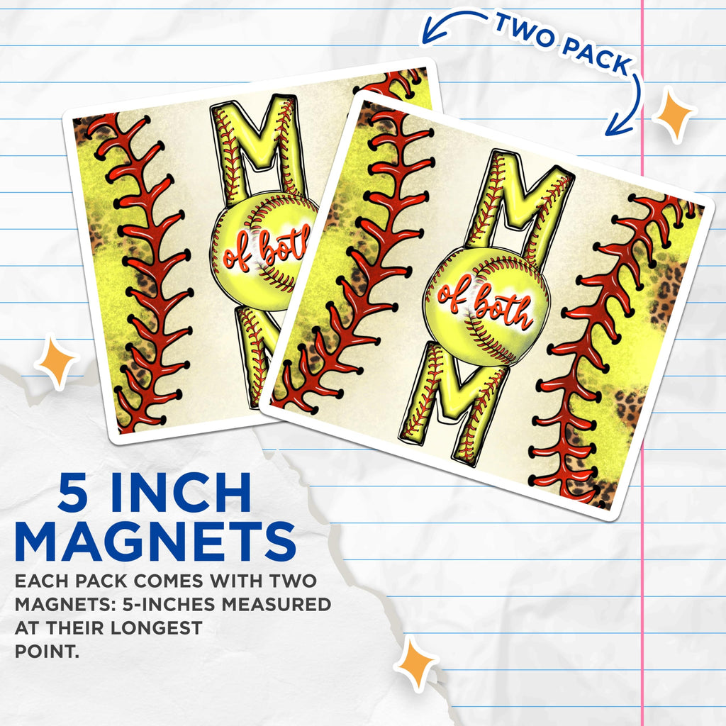 (2 Pack) Softball Baseball Mom Magnets - of Both Sports Mama - Game Day Refrigerator Decor - 5 Inches On Longest Side - Thick Durable Magnet - Made in USA - MAG29332
