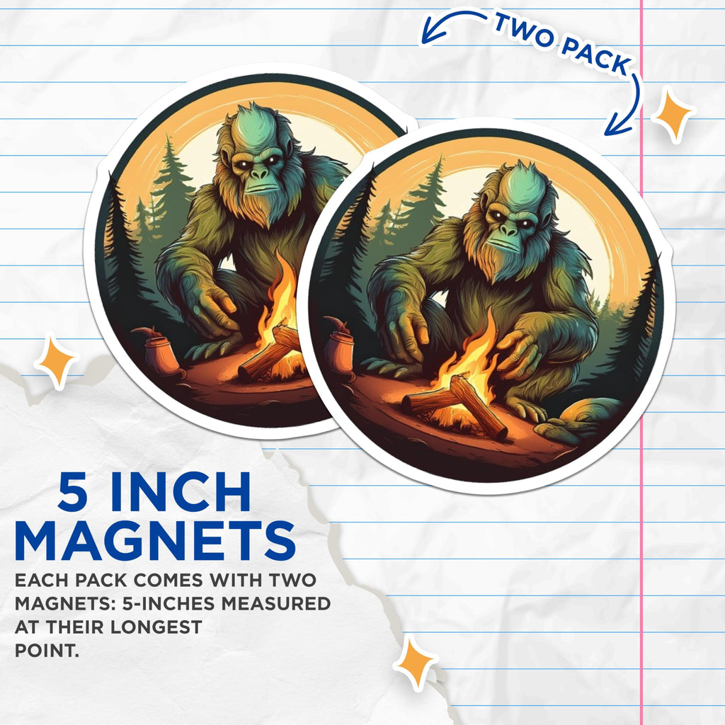(2 Pack) Bigfoot Campfire Magnets - Sasquatch Forest Decor - Cryptid Outdoor Adventure - 5 Inches On Longest Side - Thick Durable Magnet - Made in USA - MAG20962