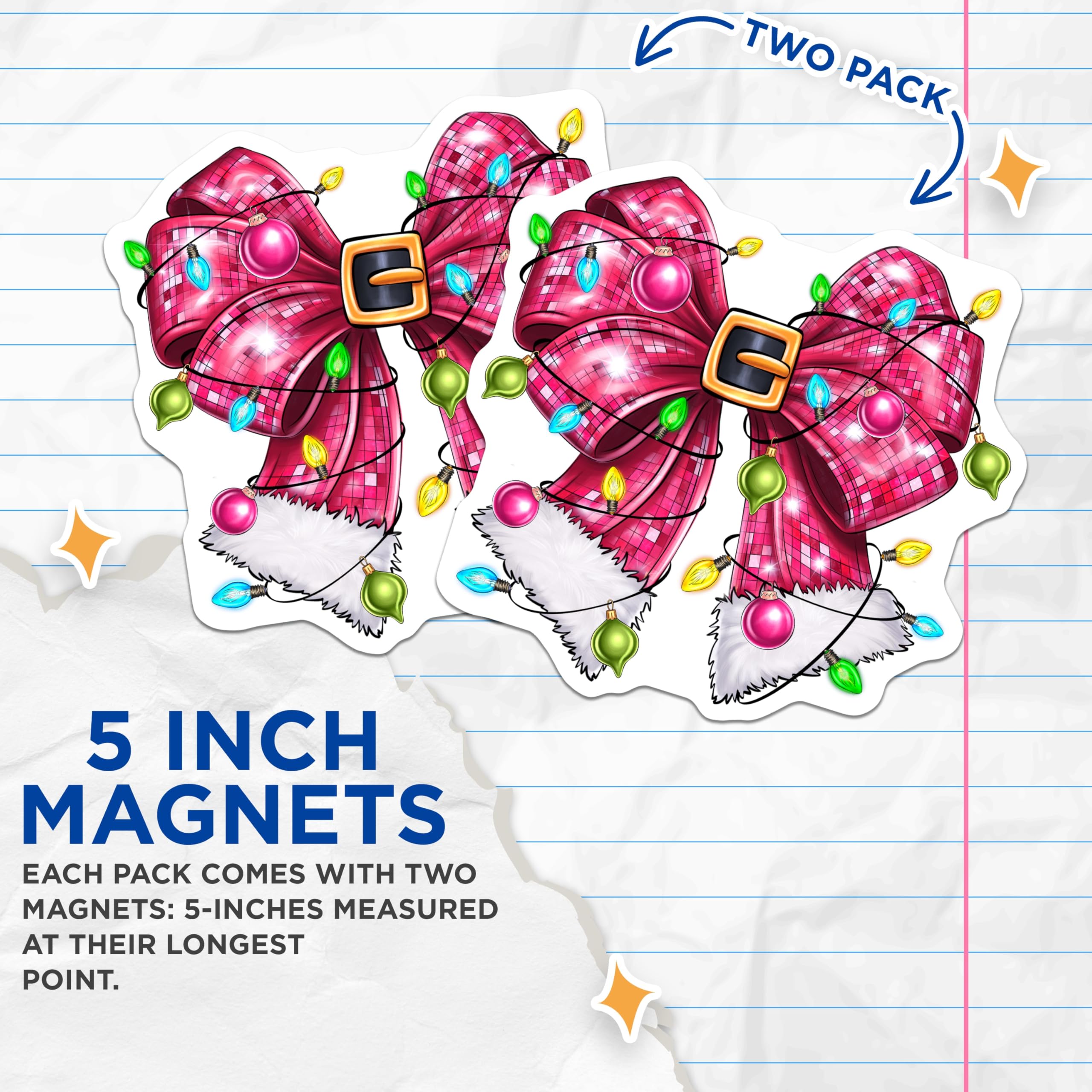 (2 Pack) Pink Christmas Bow Magnets - Santa Belt Buckle Lights - Festive Holiday Season Decoration - 5 Inches On Longest Side - Thick Durable Magnet - Made in USA - MAG23342