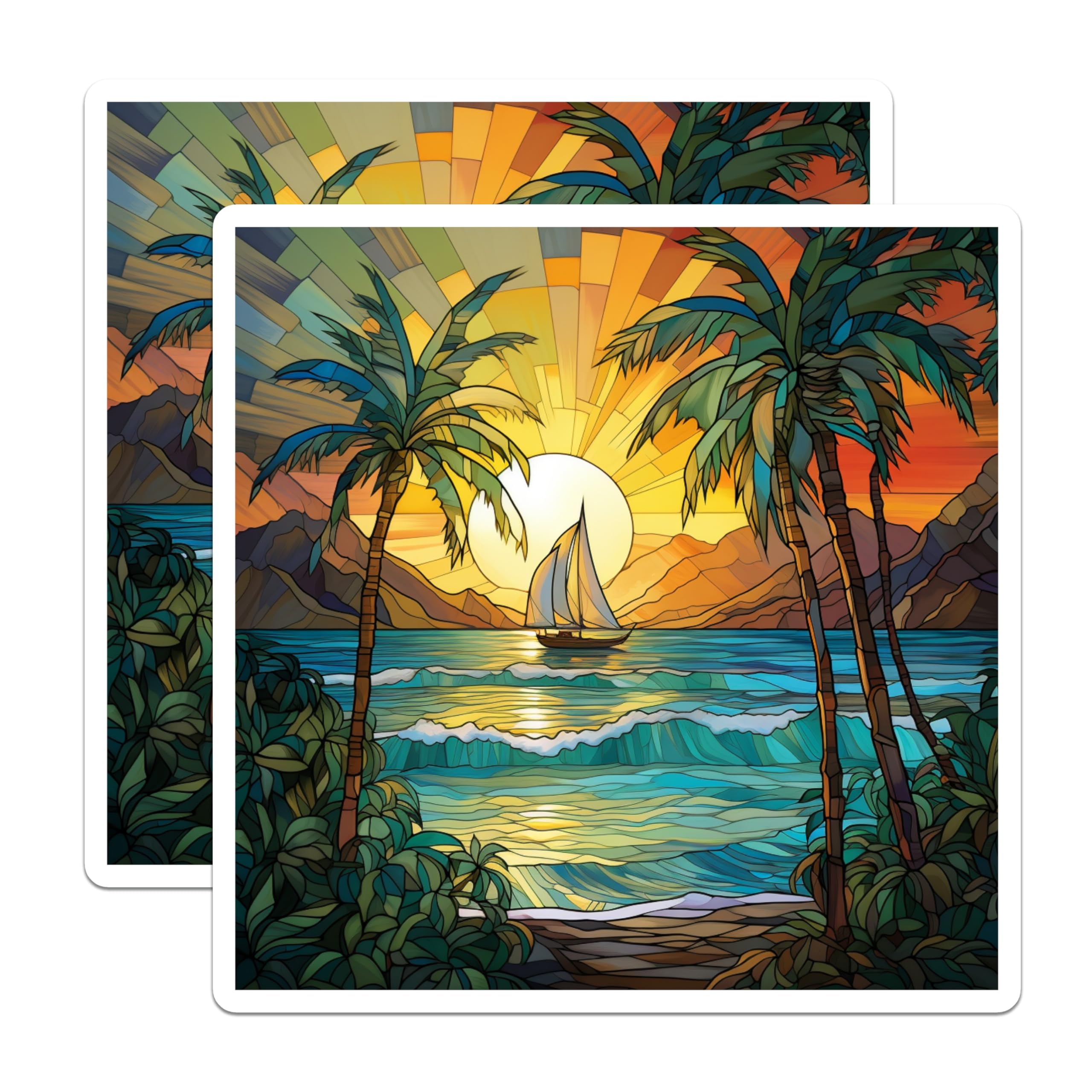 (2 Pack) Stained Glass Tropical Sunset Magnets - Palm Tree Beach Scene - Sailboat Ocean Art Decor - 5 Inches On Longest Side - Thick Durable Magnet - Made in USA - MAG25614