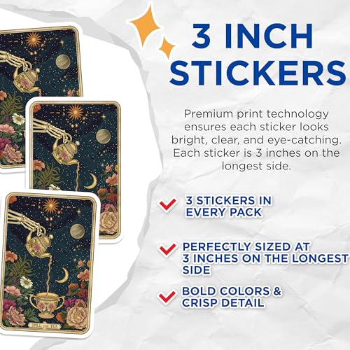 (3 Pack) Spill The Tea Decals - Tarot Card Decal - Celestial Laptop Decal - 3 Inches On Longest Side - Easy Peel & Apply - Made in USA - 3MCS4089