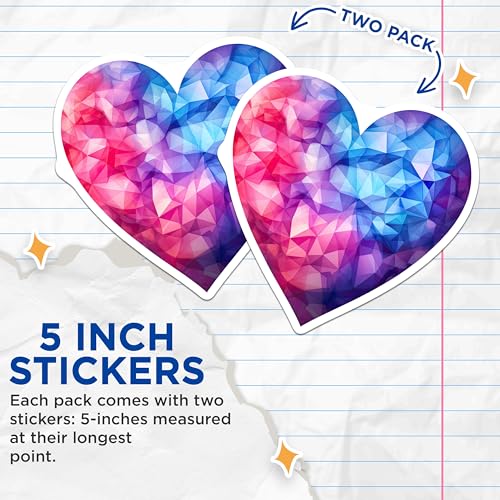 (2 Pack) Geometric Heart Stickers - Colorful Pattern - Artistic Design Stickers for Laptops - 5" On Longest Side - Sticks to Smooth Flat Surfaces - Made in USA - BMCS6638