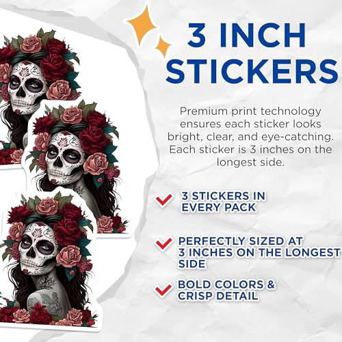 (3 Pack) Sugar Skull Decals - Calavera Stickers - Day of The Dead Decor - 3 Inches On Longest Side - Easy Peel & Apply - Made in USA - 3MCS7964