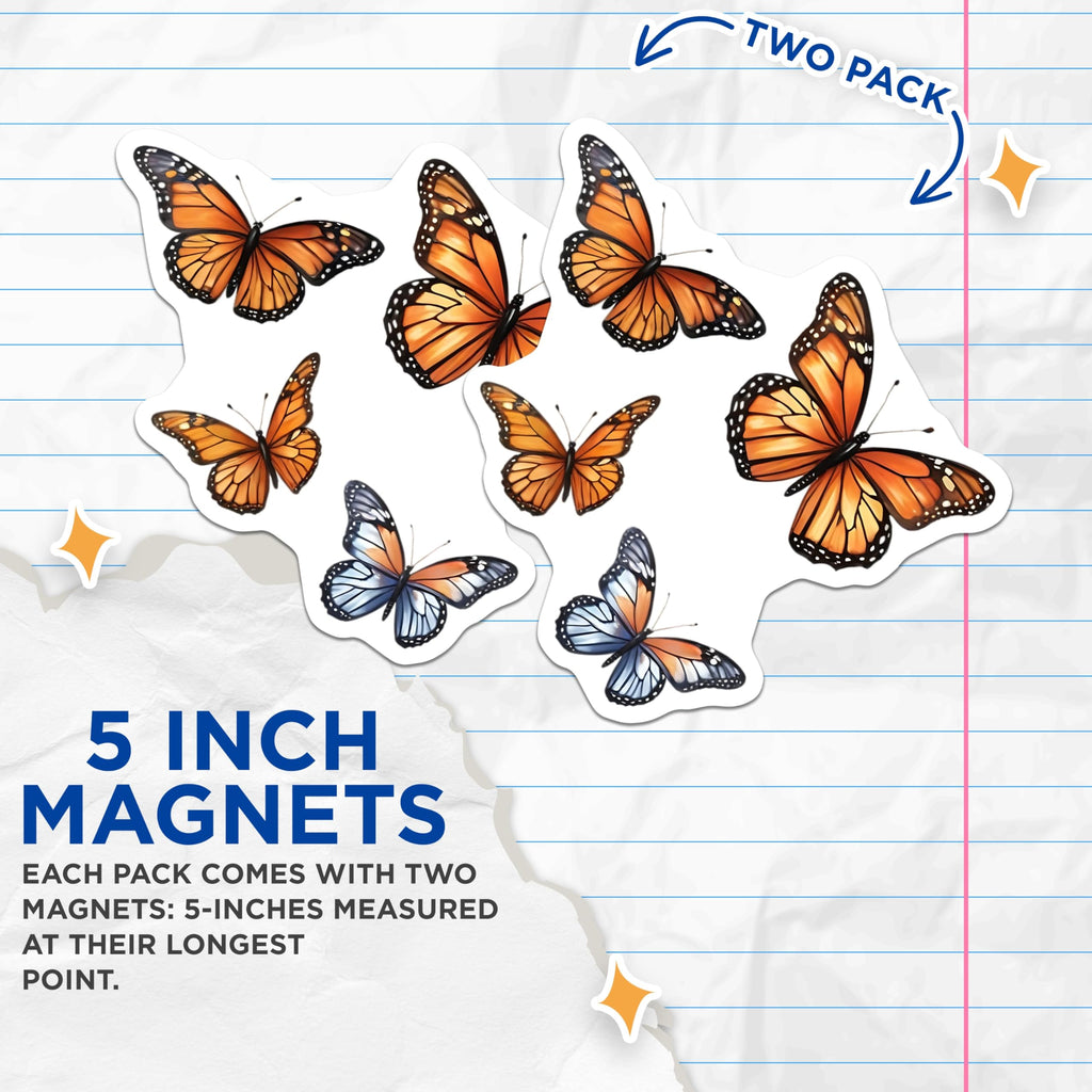 (2 Pack) Monarch Butterfly Magnets - Fridge Decor - Pretty Insect Art - 5" On Longest Side - Premium Magnet - for Cars, Refrigerators, Toolboxes, Lockers - Made in USA - MAG15864