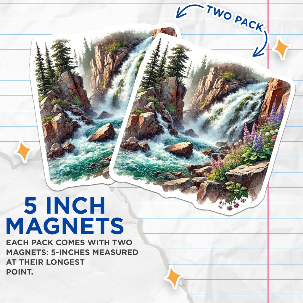 (2 Pack) Waterfall Magnets - Scenic Nature Landscape - Mountain River Home Decor - 5" On Longest Side - Premium Magnet - for Cars, Refrigerators, Toolboxes, Lockers - Made in USA - MAG17466