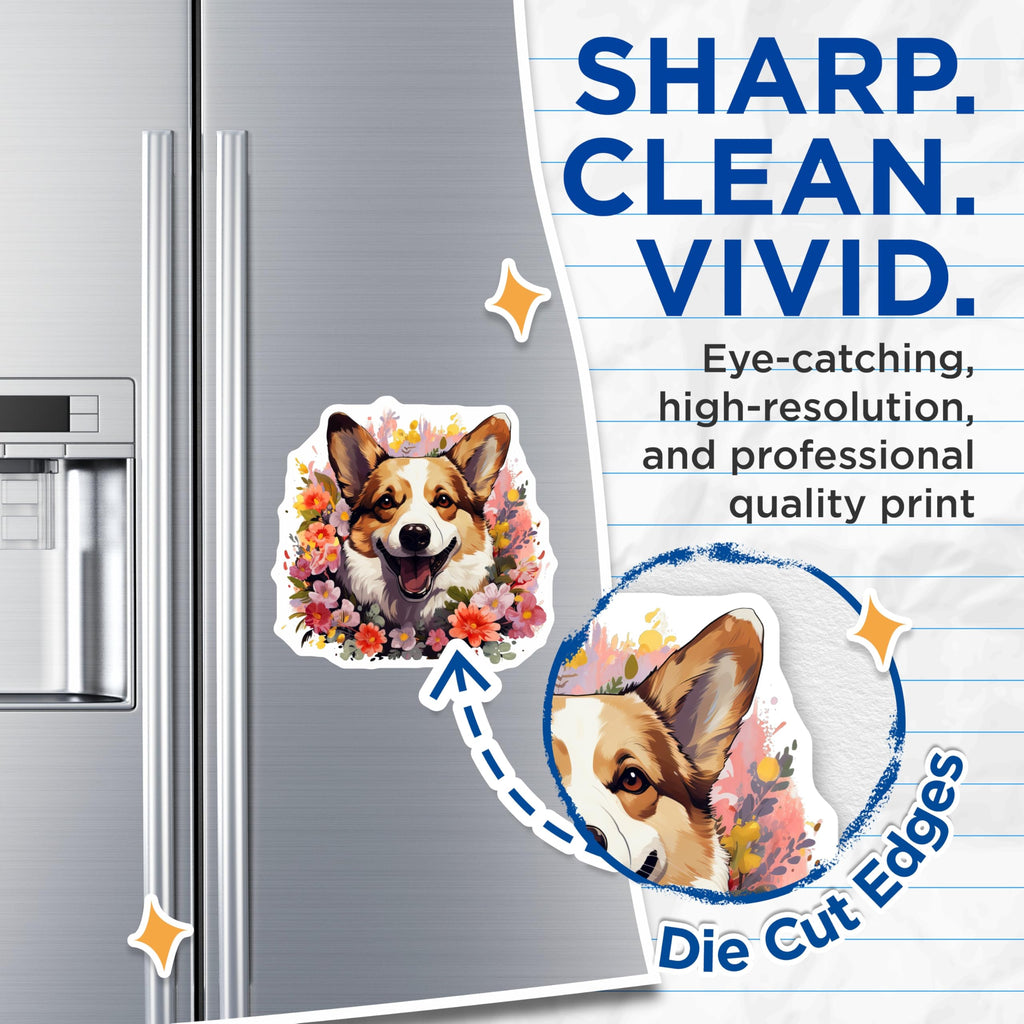 (2 Pack) Pembroke Welsh Corgi Magnets - Adorable Happy Dog Floral Decor - Whimsical Pet Refrigerator Art for Dog Lovers - 5 Inches On Longest Side - Thick Durable Magnet - Made in USA - MAG23852