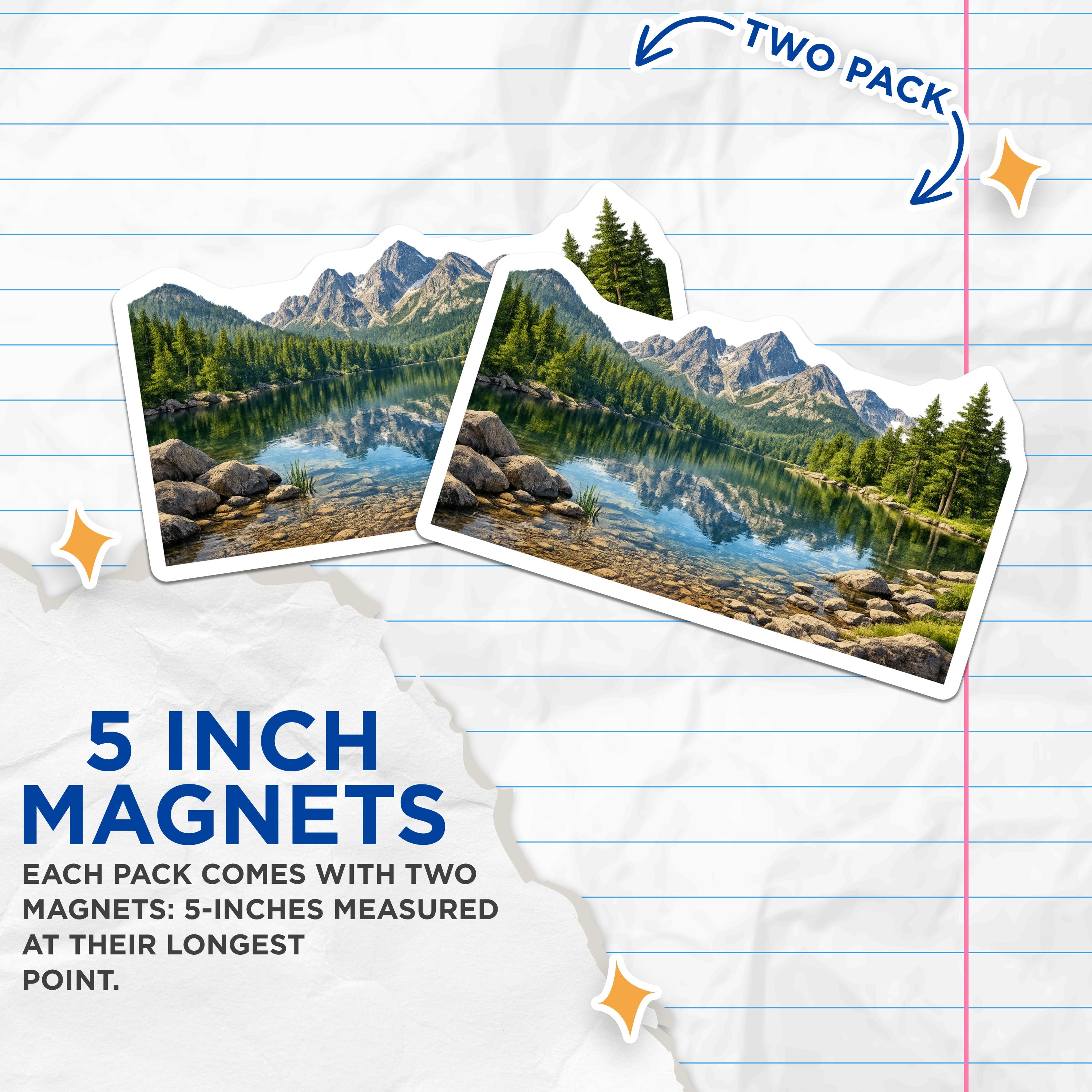 (2 Pack) Mountain Lake Magnets - Serene Landscape Scene - Evergreen Forest View - Outdoor Adventure Decor - 5 Inches On Longest Side - Thick Durable Magnet - Made in USA - MAG37912