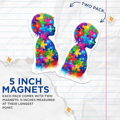(2 Pack) Autism Awareness Puzzle Magnets - Colorful Autism Support - Autism Acceptance - 5" On Longest Side - for Cars, Fridges, Toolboxes - Made in USA - MAG7906