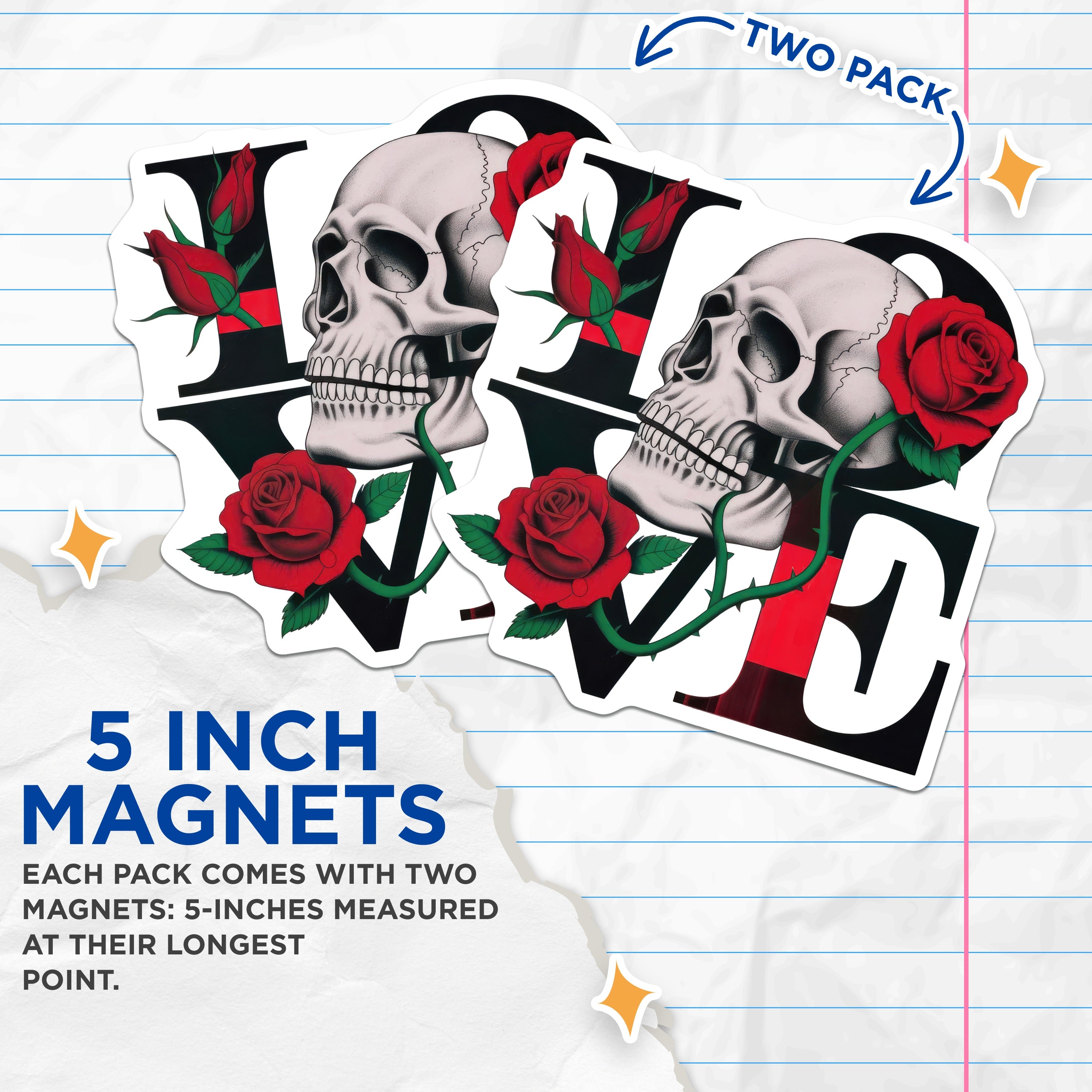 (2 Pack) Skull Rose Love Magnets - Gothic Fridge Decor - Alternative Valentine Statement Magnets - 5 Inches On Longest Side - Thick Durable Magnet - Made in USA - MAG36658