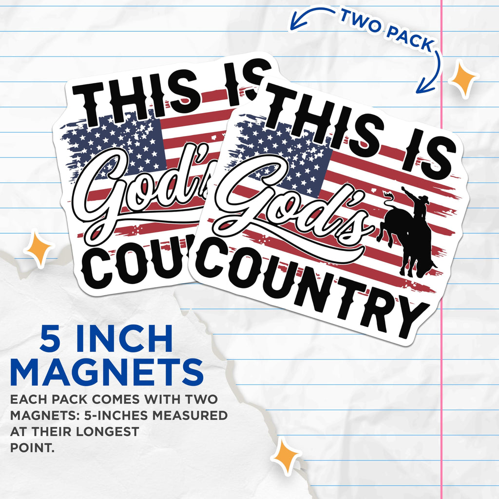 (2 Pack) Rodeo Magnets - American Flag Design - This is God's Country - 5" On Longest Side - Premium Magnet - for Cars, Refrigerators, Toolboxes, Lockers - Made in USA - MAG16019