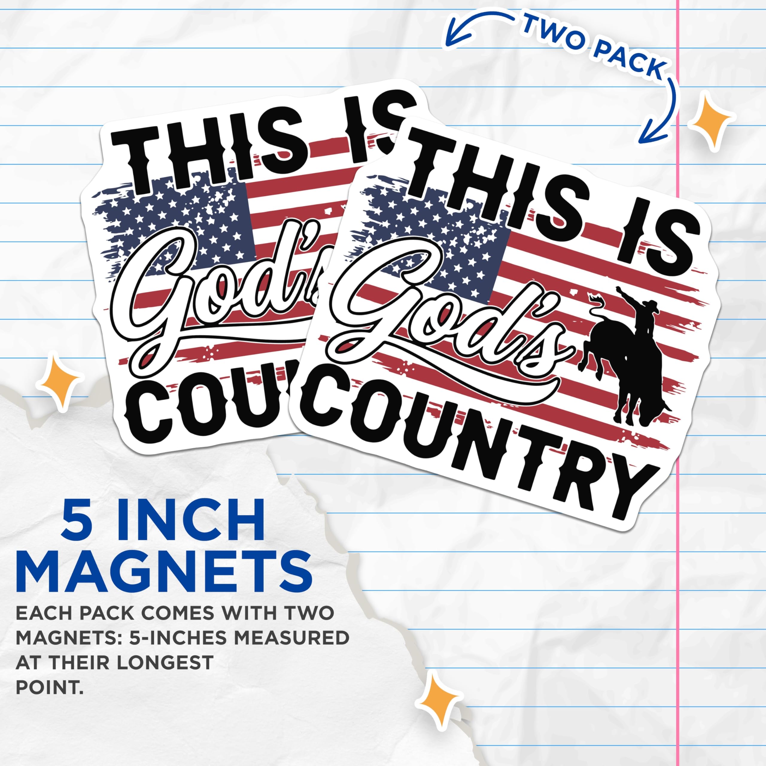 (2 Pack) Rodeo Magnets - American Flag Design - This is God's Country - 5" On Longest Side - Premium Magnet - for Cars, Refrigerators, Toolboxes, Lockers - Made in USA - MAG16019