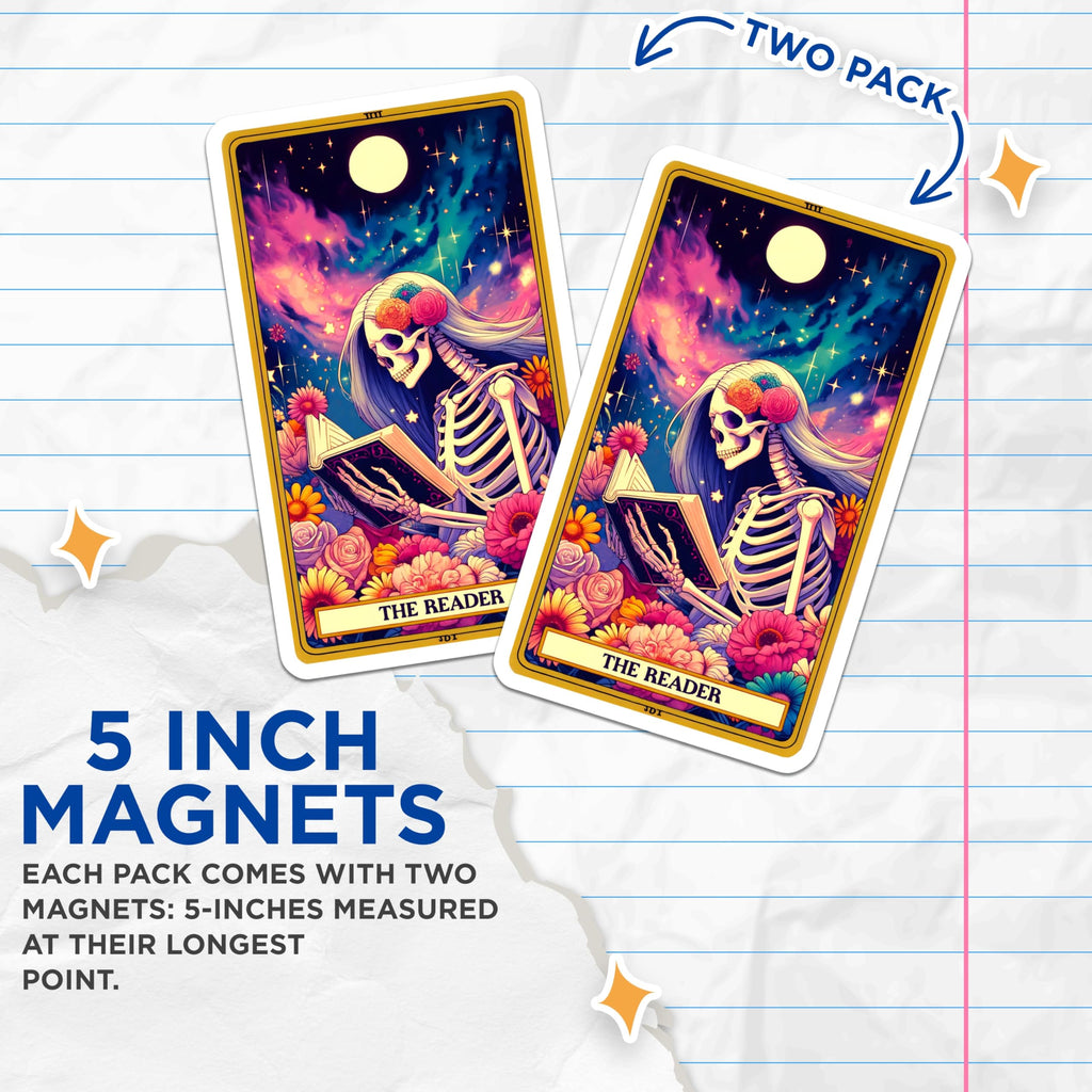 (2 Pack) Skeleton Reader Magnets - Mystical Tarot Card Art - Book Lover Skull Decor - 5 Inches On Longest Side - Thick Durable Magnet - Made in USA - MAG20244