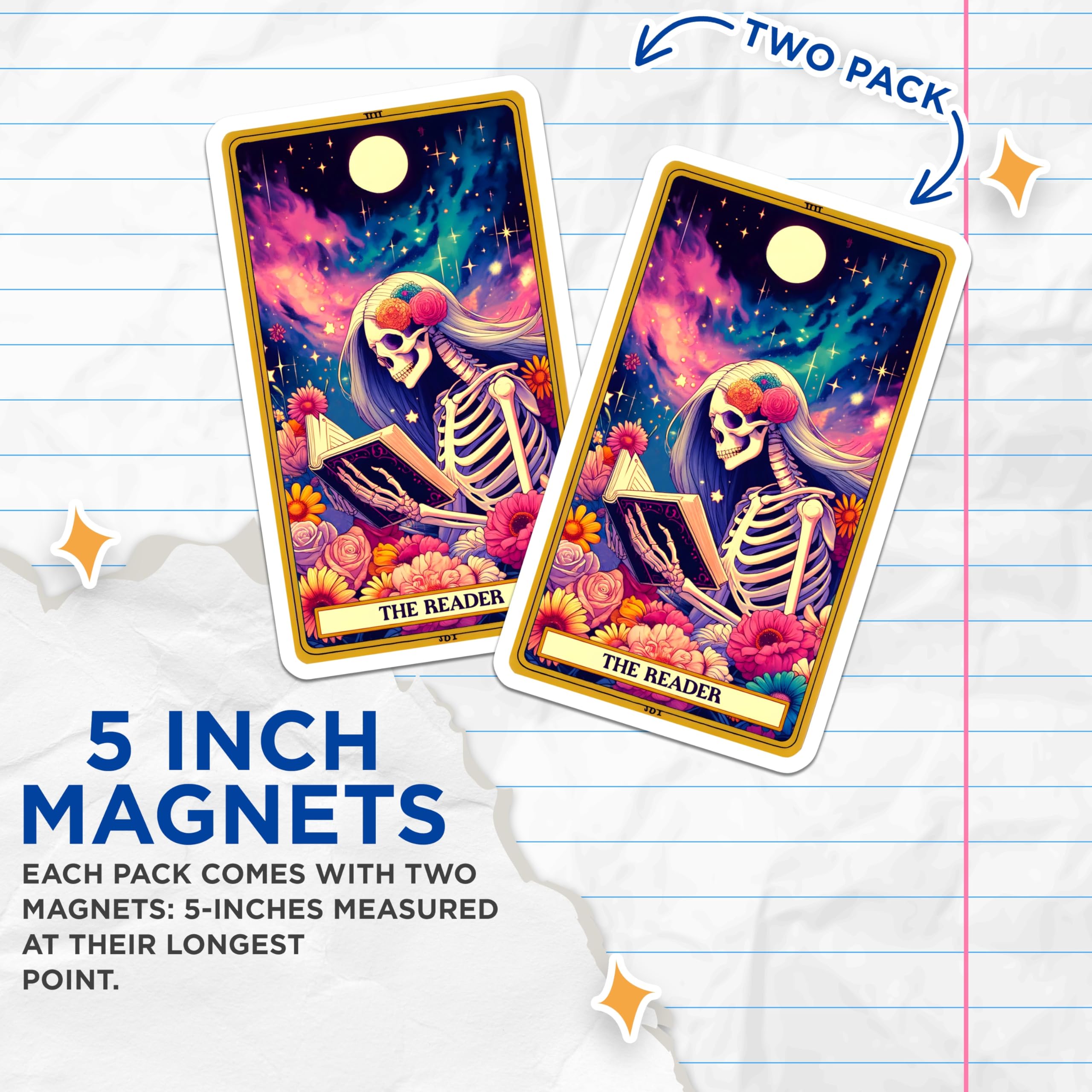 (2 Pack) Skeleton Reader Magnets - Mystical Tarot Card Art - Book Lover Skull Decor - 5 Inches On Longest Side - Thick Durable Magnet - Made in USA - MAG20244