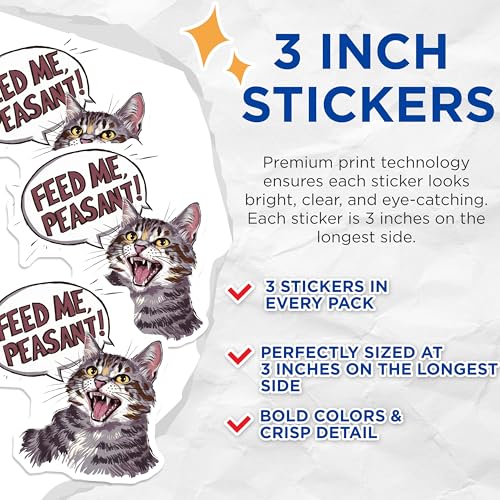 (3 Pack) Funny Cat Decals - Feed Me Peasant - Sassy Feline Stickers - 3 Inches On Longest Side - Easy Peel & Apply - Made in USA - 3MCS7509
