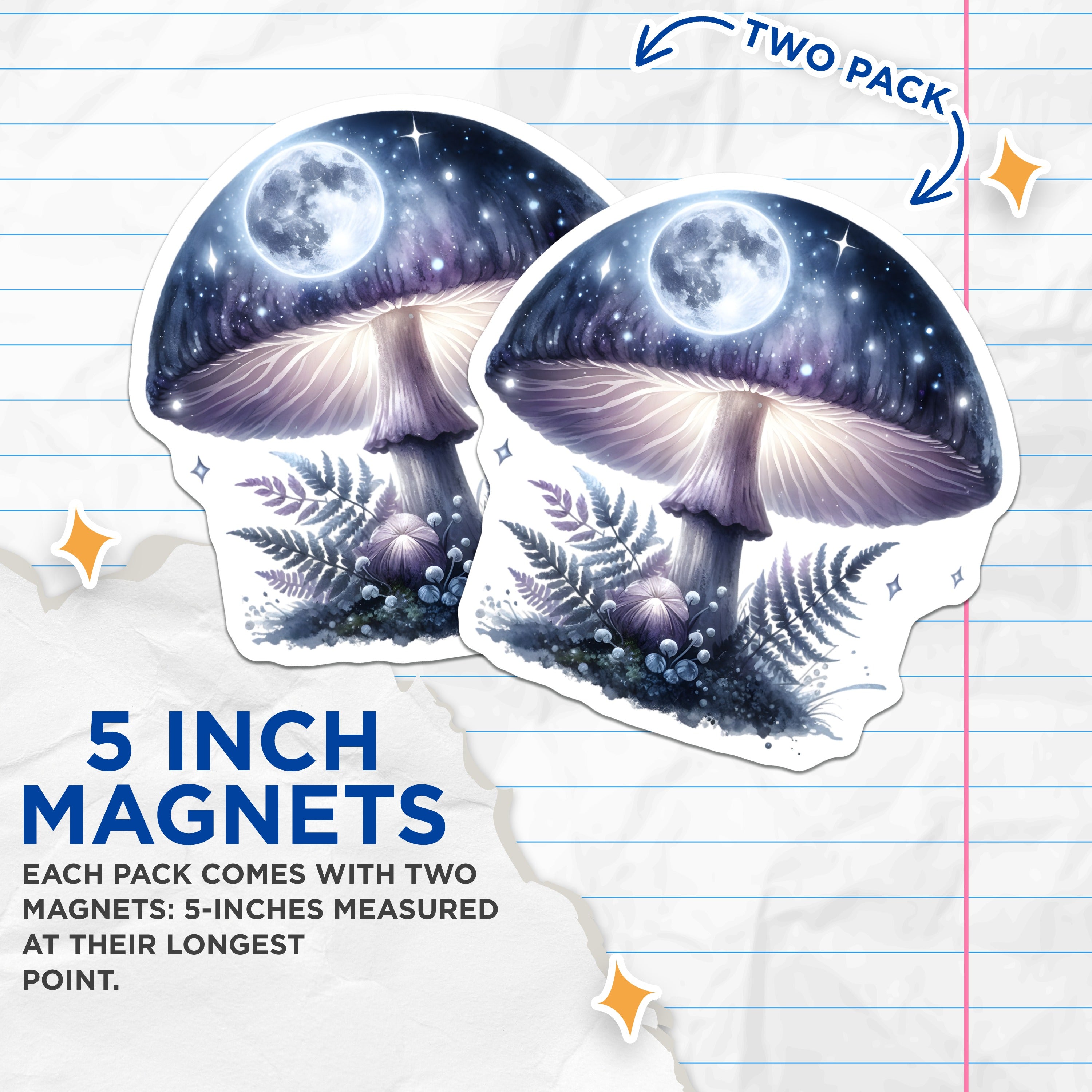 (2 Pack) Celestial Mushroom Magnets - Magical Forest Decor - Whimsical Nature Art - 5 Inches On Longest Side - Thick Durable Magnet - Made in USA - MAG39646