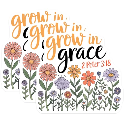 (3 Pack) Grow in Grace Decals - Floral Bible Verse - Christian Decals - 3 Inches On Longest Side - Easy Peel & Apply - Made in USA - 3MCS7582