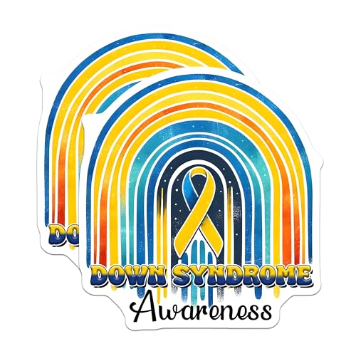 (2 Pack) Down Syndrome Awareness Stickers - Rainbow Decal - Yellow and Blue Ribbon Design - 5" On Longest Side - Sticks to Smooth Flat Surfaces - Made in USA - BMCS8205