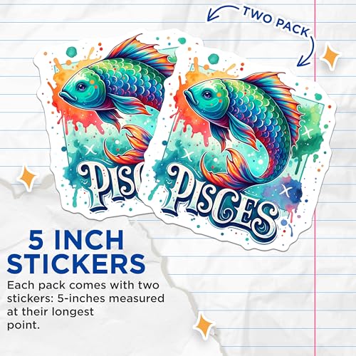 (2 Pack) Pisces Zodiac Stickers - Colorful Fish Art - Astrology Sign Decor - 5" On Longest Side - Sticks to Smooth Flat Surfaces - Made in USA - BMCS7029