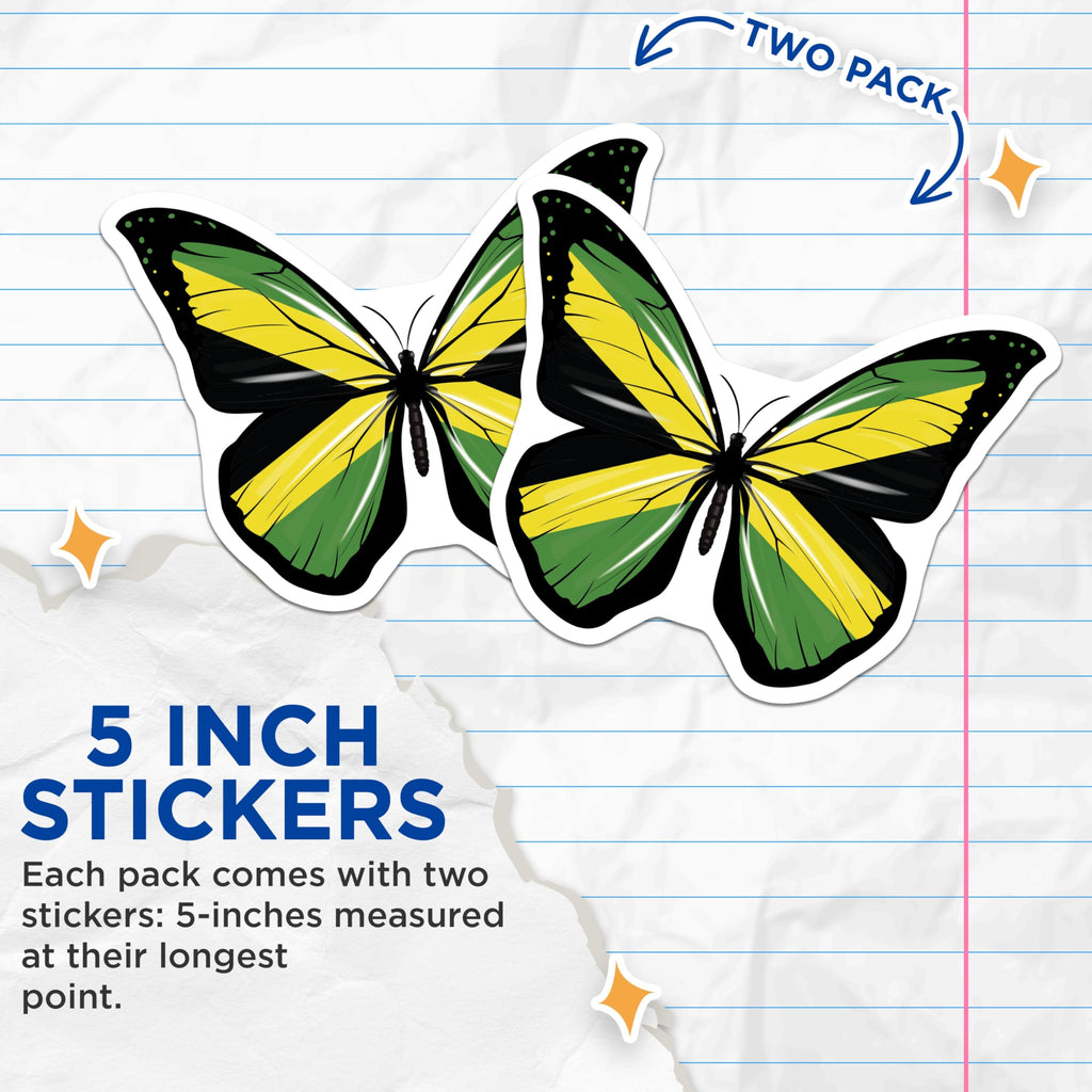 (2 Pack) Jamaican Butterfly Stickers - Jamaica Flag Art - Caribbean Pride Decals - 5" On Longest Side - Sticks to Smooth Flat Surfaces - Made in USA - BMCS18905