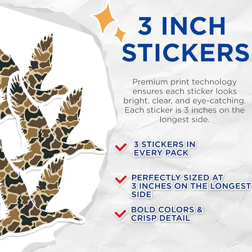 (3 Pack) Camo Duck Decals - Laptop Decal - Flying Duck Hunter Decals - 3 Inches On Longest Side - Easy Peel & Apply - Made in USA - 3MCS7478