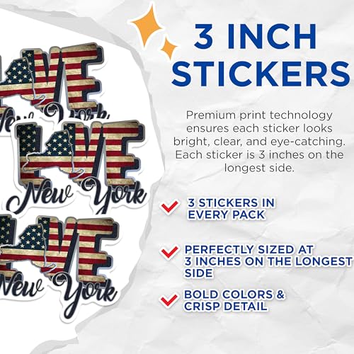 (3 Pack) New York Decals - Love New York - American Flag Decal - 3 Inches On Longest Side - Easy Peel & Apply - Made in USA - 3MCS0323