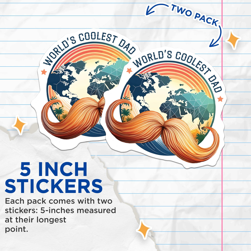 (2 Pack) World's Coolest Dad Stickers - Father's Day Stickers - Moustache Stickers - 5" On Longest Side - Sticks to Smooth Flat Surfaces - Made in USA - BMCS4570