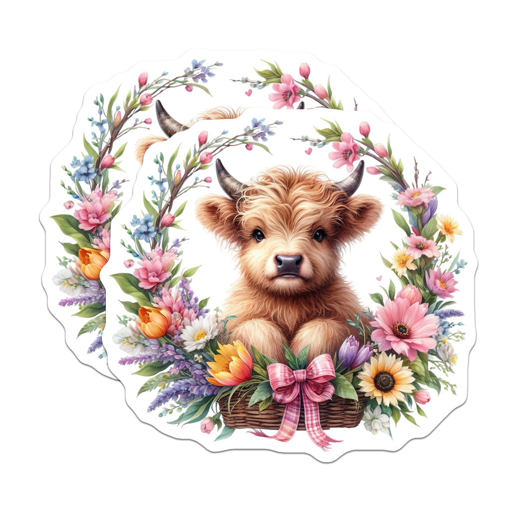 (2 Pack) Highland Cow Magnets - Spring Floral Decor - Cute Farm Animal Refrigerator Art - 5 Inches On Longest Side - Thick Durable Magnet - Made in USA - MAG39070