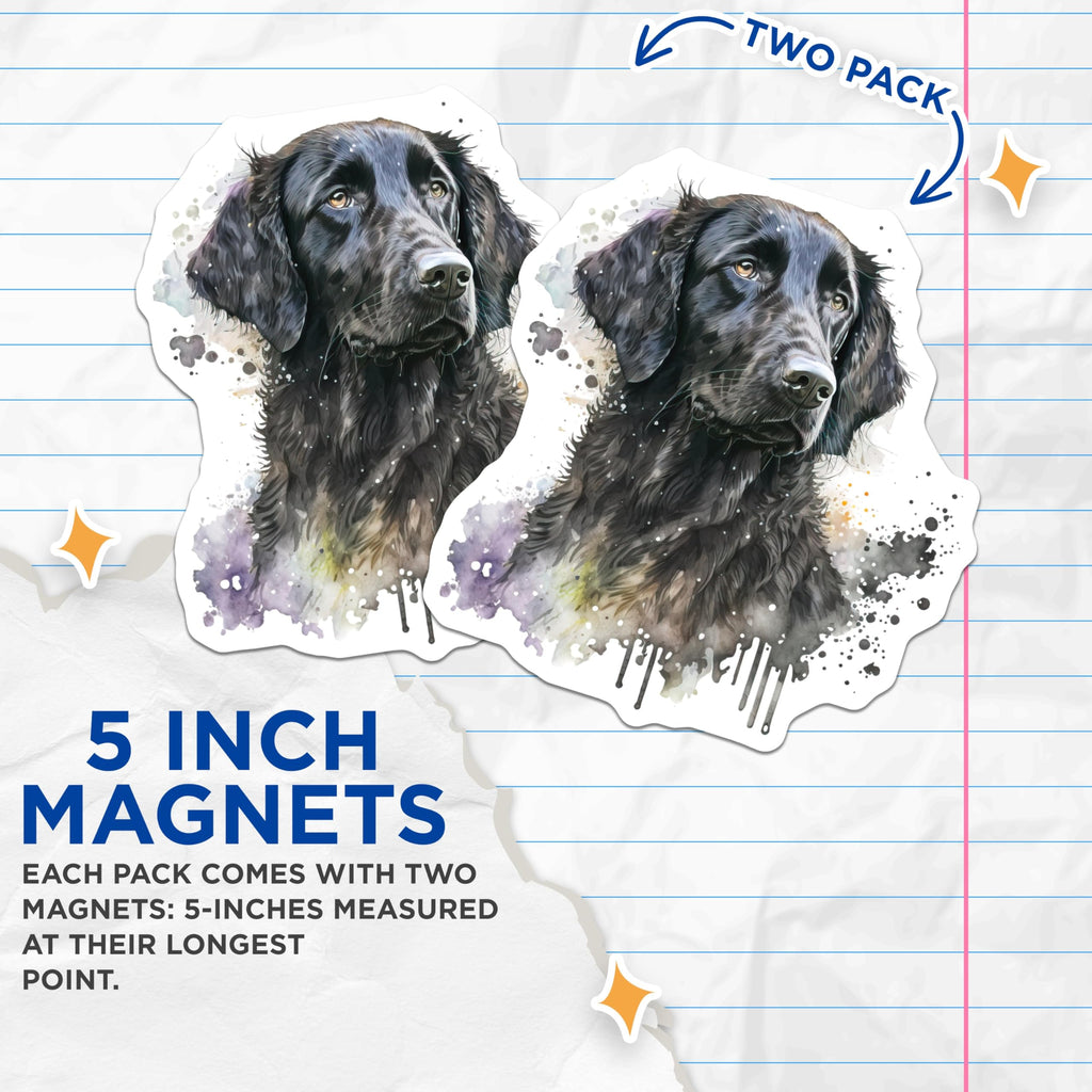 (2 Pack) Flat-Coated Retriever Magnets - Black Dog Watercolor Art - Pet Lover Canine Decor - 5 Inches On Longest Side - Thick Durable Magnet - Made in USA - MAG24212