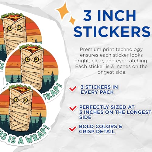 (3 Pack) Mummy Burrito Decals - This is A Wrap Pun - Halloween Laptop Decal - 3 Inches On Longest Side - Easy Peel & Apply - Made in USA - 3MCS4288