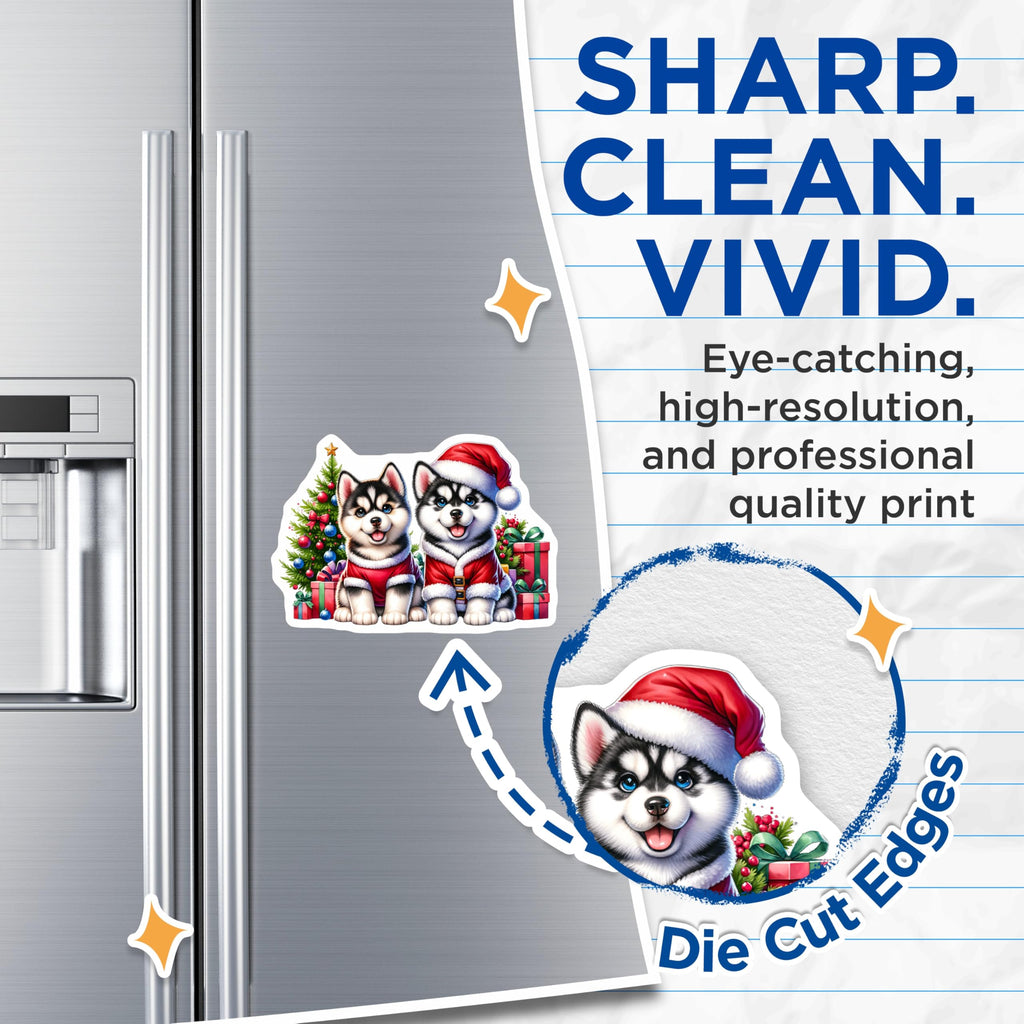 (2 Pack) Cute Husky Christmas Puppies Magnets - Winter Holiday Refrigerator Decor - Festive Animal Magnets for Home - 5 Inches On Longest Side - Thick Durable Magnet - Made in USA - MAG24487
