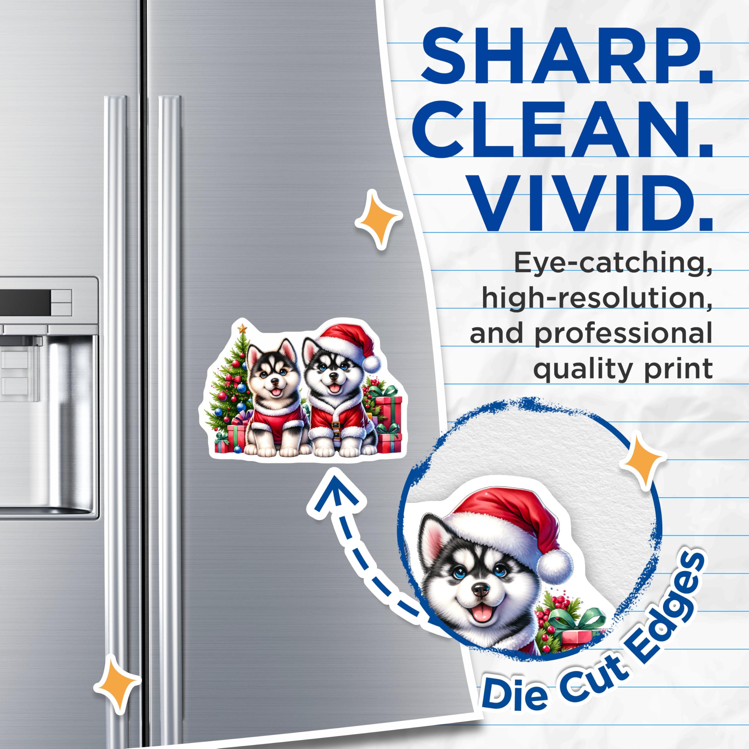 (2 Pack) Cute Husky Christmas Puppies Magnets - Winter Holiday Refrigerator Decor - Festive Animal Magnets for Home - 5 Inches On Longest Side - Thick Durable Magnet - Made in USA - MAG24487
