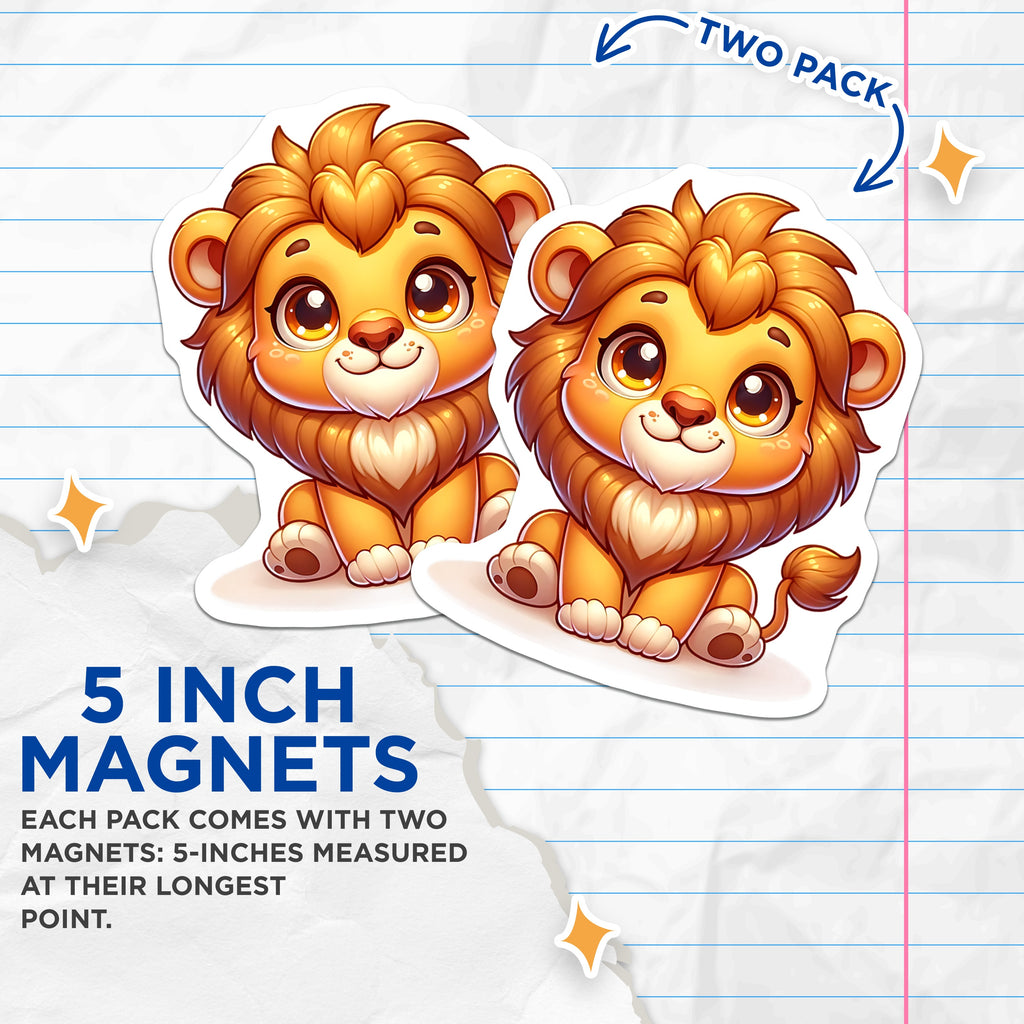(2 Pack) Cute Lion Magnets - Baby Safari Animal Fridge Decor - Nursery Wall Art for Kids Room - Kawaii Cartoon Lion Cub - 5 Inches On Longest Side - Thick Durable Magnet - Made in USA - MAG38327
