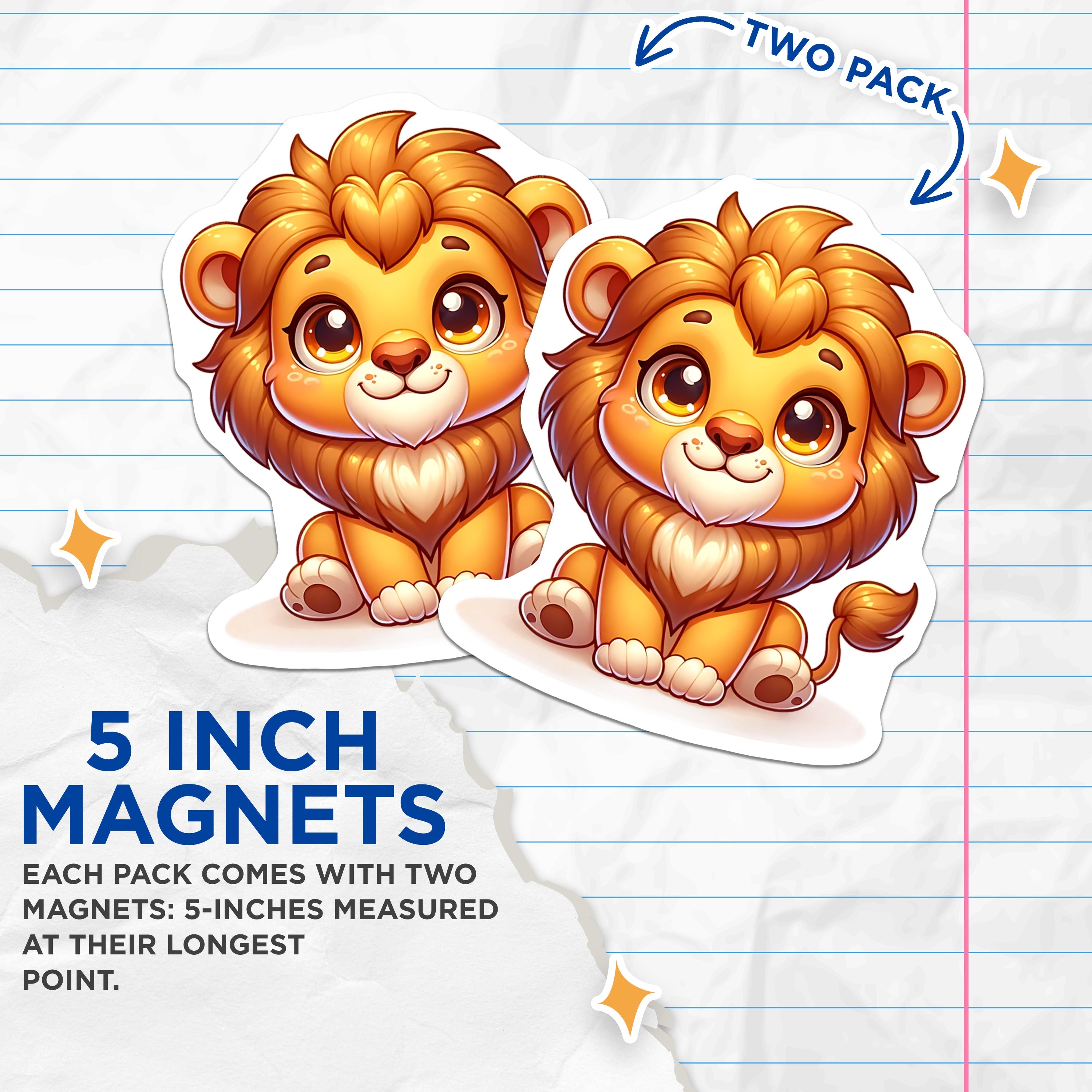 (2 Pack) Cute Lion Magnets - Baby Safari Animal Fridge Decor - Nursery Wall Art for Kids Room - Kawaii Cartoon Lion Cub - 5 Inches On Longest Side - Thick Durable Magnet - Made in USA - MAG38327
