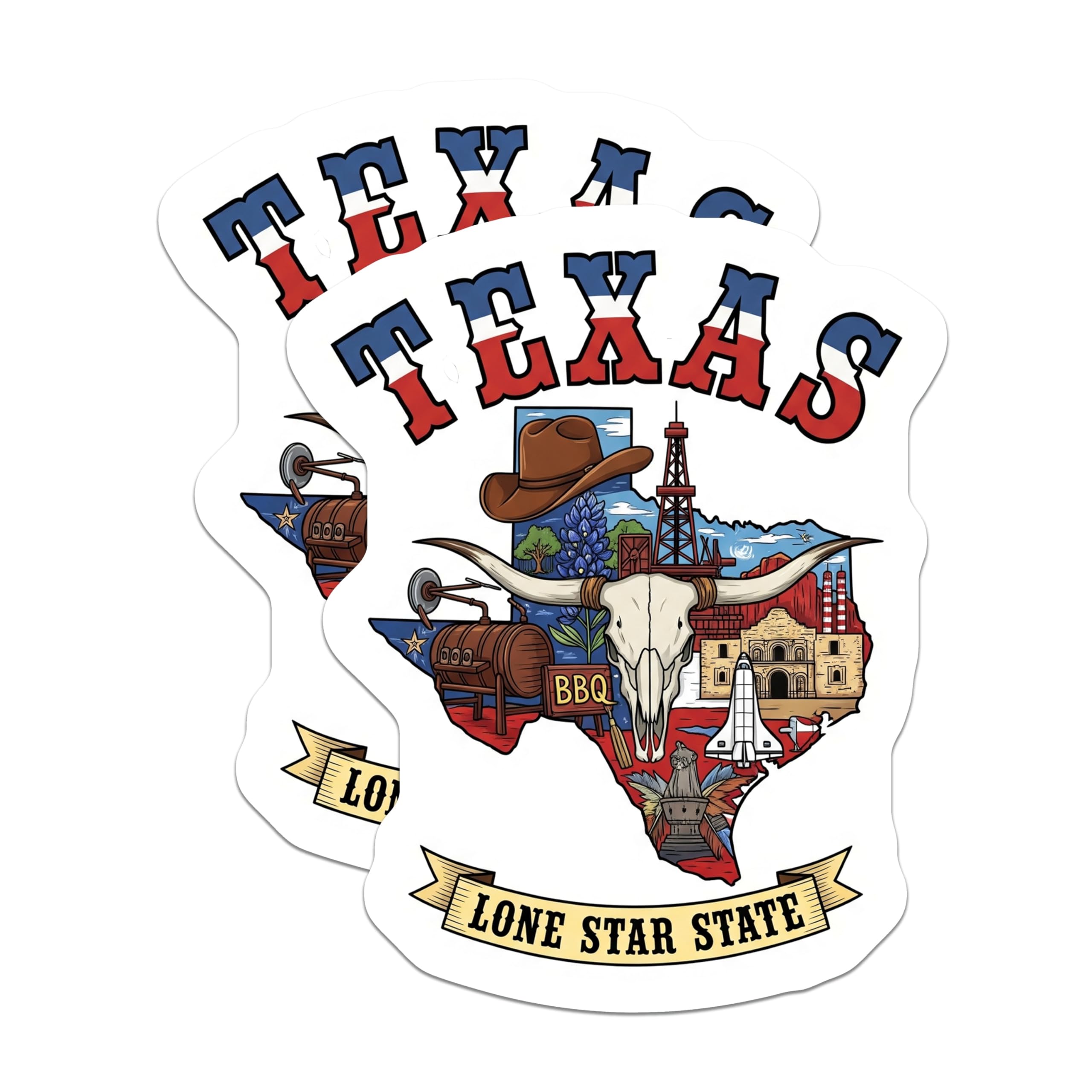 (2 Pack) Texas Magnets - Lone Star State Map Art - Cowboy Longhorn Alamo Shuttle BBQ - 5 Inches On Longest Side - Thick Durable Magnet - Made in USA - MAG19159