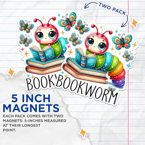 (2 Pack) Bookworm Magnets - Cute Caterpillar Magnets - Reading-Themed Refrigerator Magnets- 5" On Longest Side - for Fridges, Toolboxes, Cars - Made in USA - MAG2758