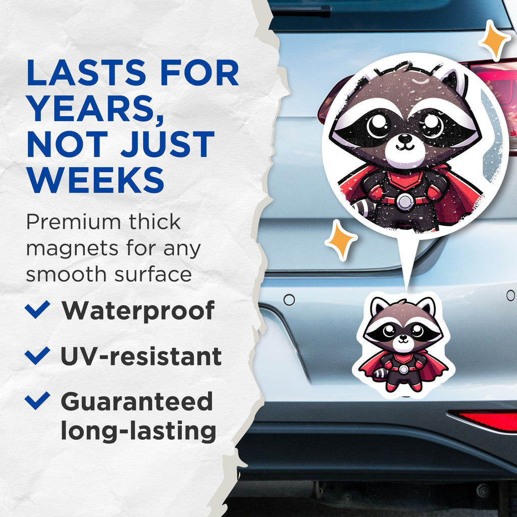(2 Pack) Cute Raccoon Superhero Magnets - Kawaii Animal Fridge Decor - Comic Book Fan Magnets - 5 Inches On Longest Side - Thick Durable Magnet - Made in USA - MAG38420