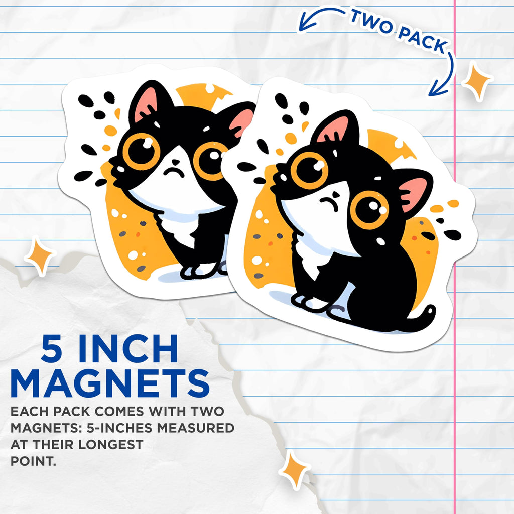 (2 Pack) Kawaii Cat Magnets - Black White Tuxedo Kitten - Refrigerator Locker Decor - 5 Inches On Longest Side - Thick Durable Magnet - Made in USA - MAG21968