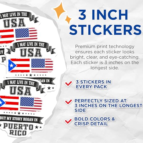 (3 Pack) Puerto Rico USA Decals - American Flags - Laptop Decal - Patriotic Pride - 3 Inches On Longest Side - Easy Peel & Apply - Made in USA - 3MCS7774