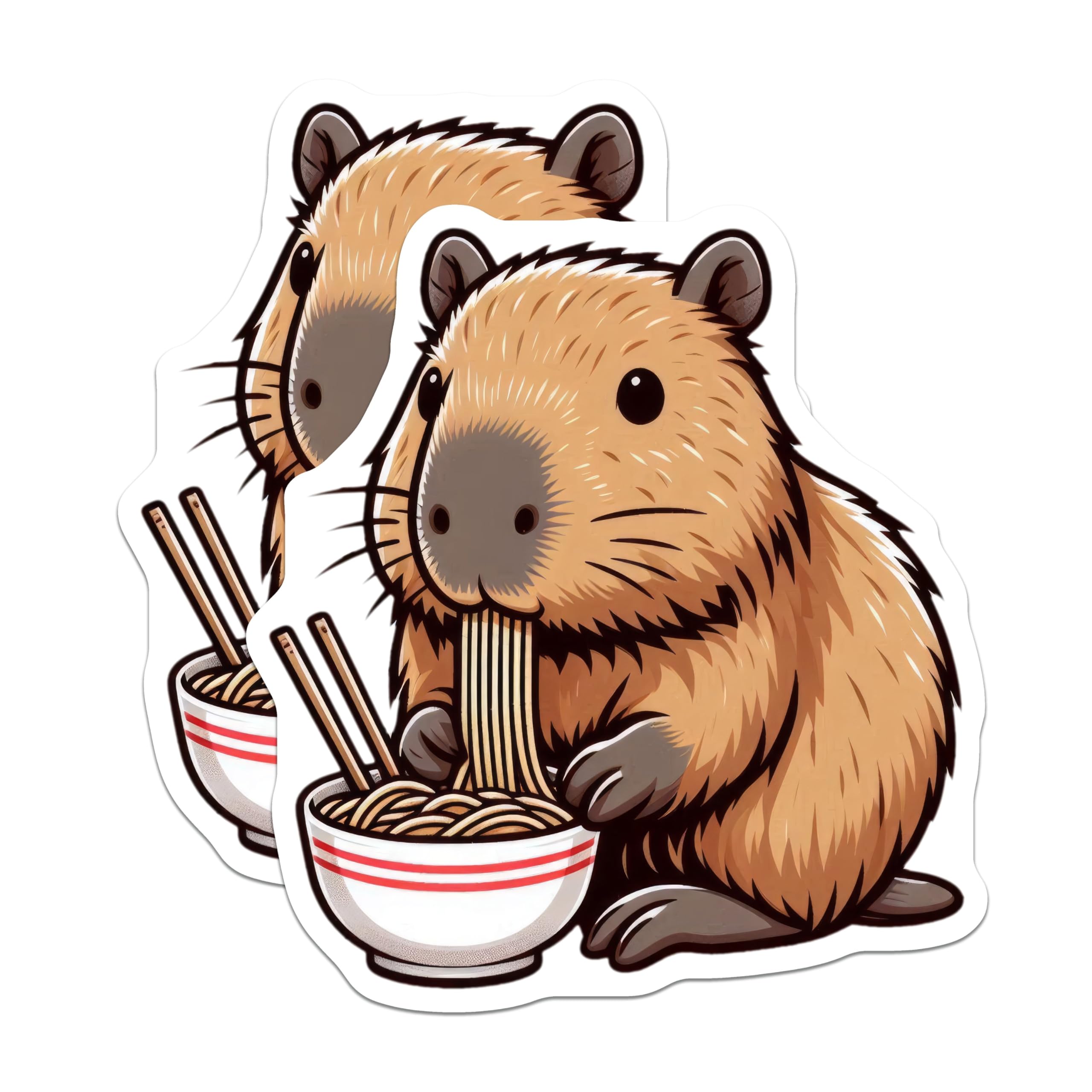 (2 Pack) Cute Capybara Eating Noodles Stickers - Animal Food Sticker - Kawaii Capybara Art - 5" On Longest Side - Sticks to Smooth Flat Surfaces - Made in USA - BMCS9919