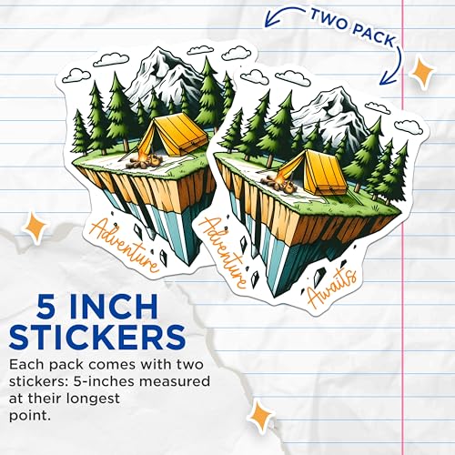(2 Pack) Adventure Awaits Stickers - Camping Tent Stickers - Floating Island Stickers - 5" On Longest Side - Sticks to Any Smooth Flat Surface - Made in USA - BMCS3269
