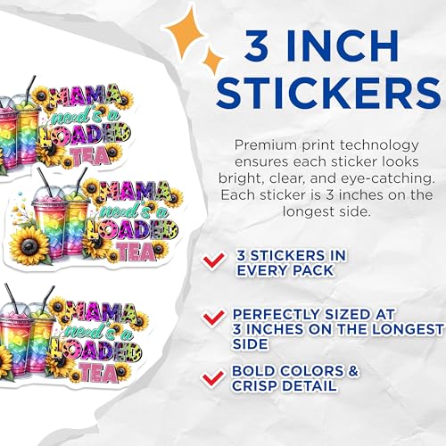 (3 Pack) Mama Needs A Loaded Tea Decals - Leopard Print Lettering - Sunflower Decals - 3 Inches On Longest Side - Easy Peel & Apply - Made in USA - 3MCS7060