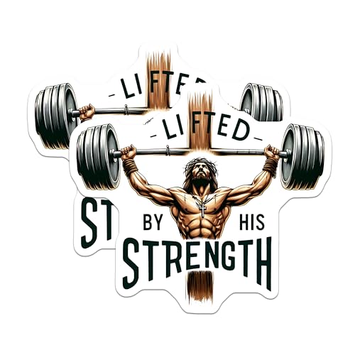 (2 Pack) Lifted by His Strength Stickers - Motivational Gym Decor - Jesus Fitness Art - 5" On Longest Side - Sticks to Smooth Flat Surfaces - Made in USA - BMCS9636