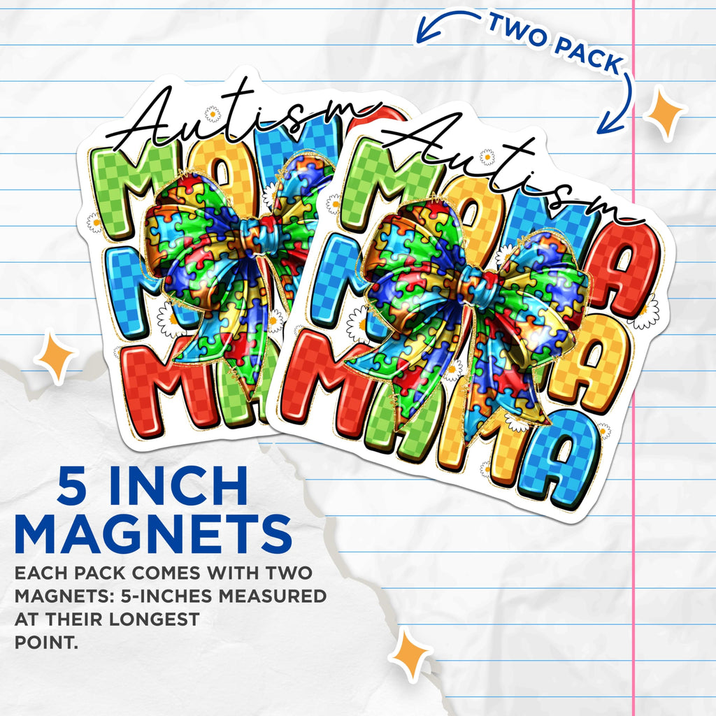 (2 Pack) Autism Mama Magnets - Proud Mom Support - Awareness Month Decor - Special Needs Parent Fridge - 5 Inches On Longest Side - Thick Durable Magnet - Made in USA - MAG26348