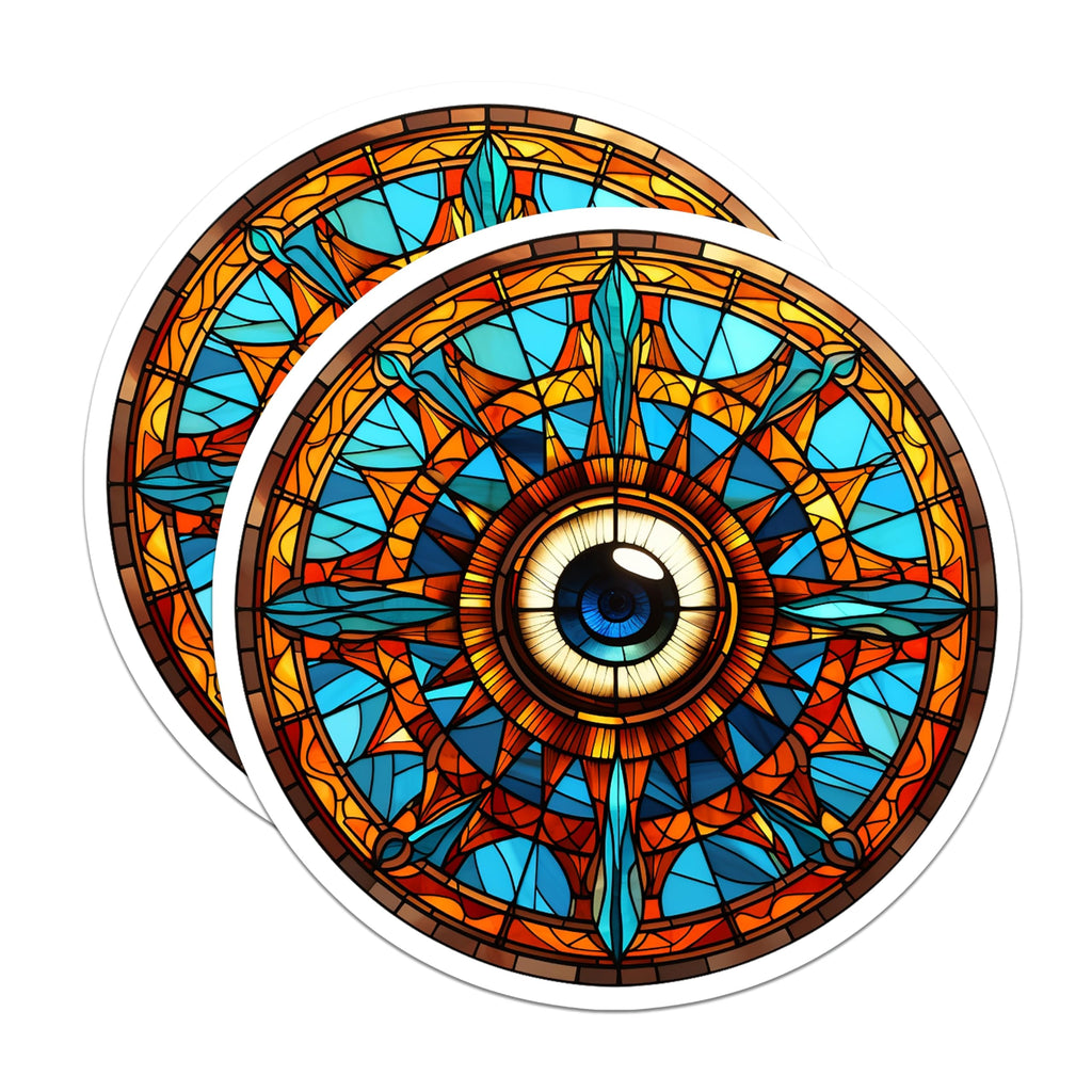 (2 Pack) Stained Glass Eye Stickers - All Seeing Eye Decals - Mystical Mandala Art - 5" On Longest Side - Sticks to Smooth Flat Surfaces - Made in USA - BMCS21030