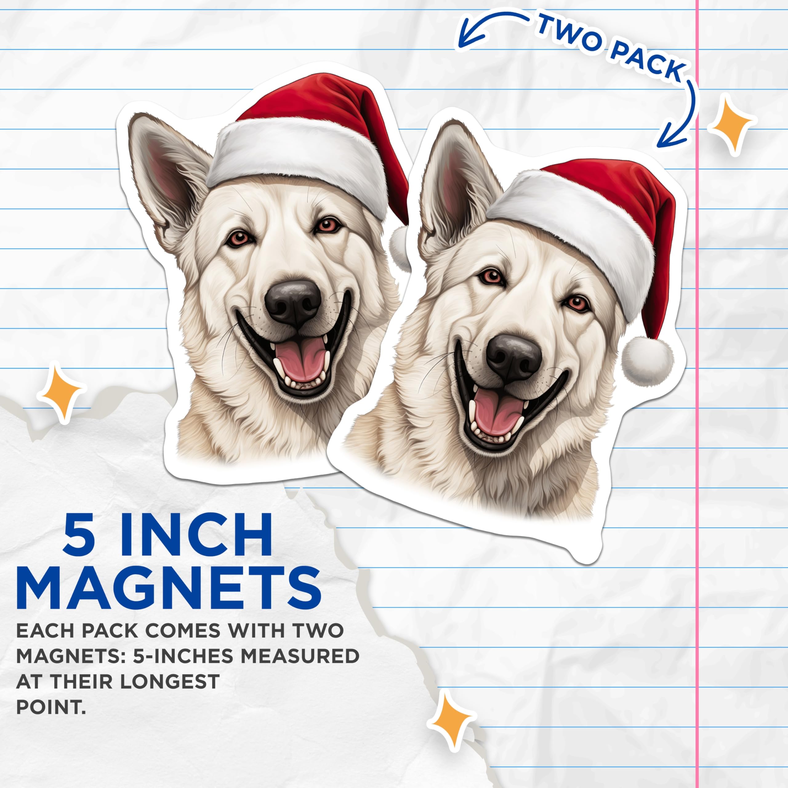(2 Pack) White Shepherd Christmas Dog Magnets - Santa Hat Pet Decor - Holiday Canine Fridge Accent - 5 Inches On Longest Side - Thick Durable Magnet - Made in USA - MAG28022